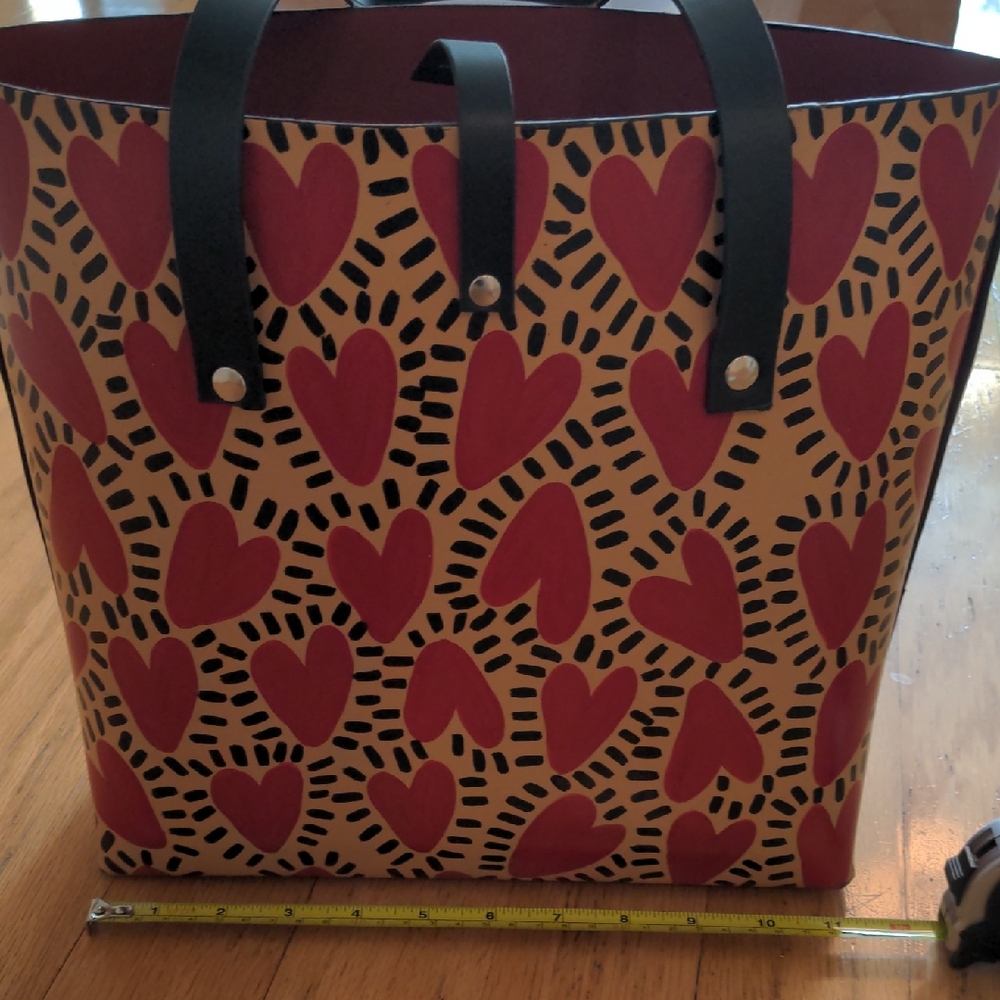 Hand Painted 100% Leather Red and Black Heart Tote